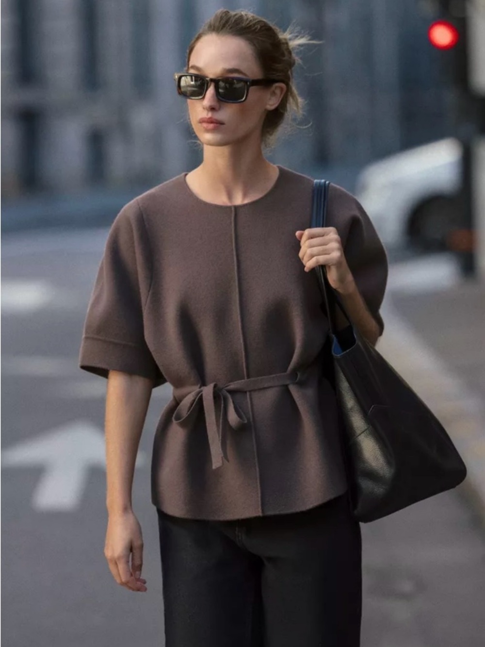 Zara Brown Belted Tie Waist Top Sweater Small